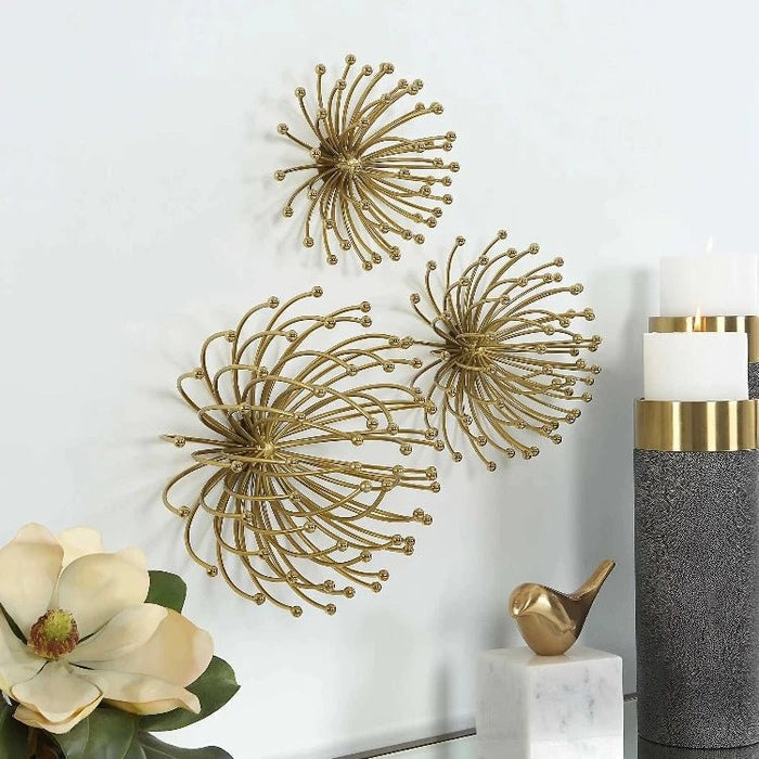 3D Abstract Burst Metal Wall Art – Golden Wall Sculpture (Set of 3) - gold-finished metal wall art for living room wall - view 4 | Kraft Vision