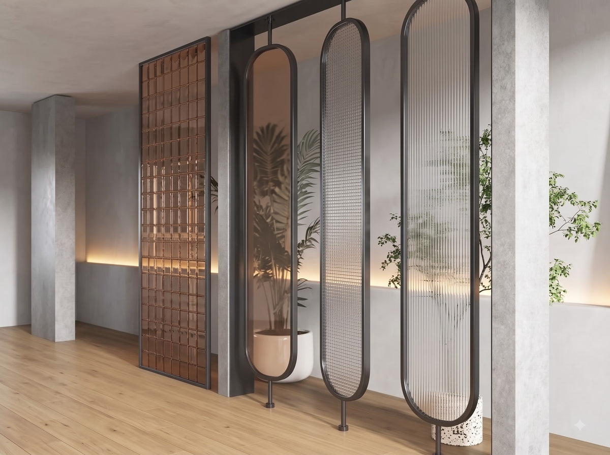 Luxury Black Frame Room Divider with Bronze & Textured Glass Panels – Modern Designer Partition | Kraft Vision