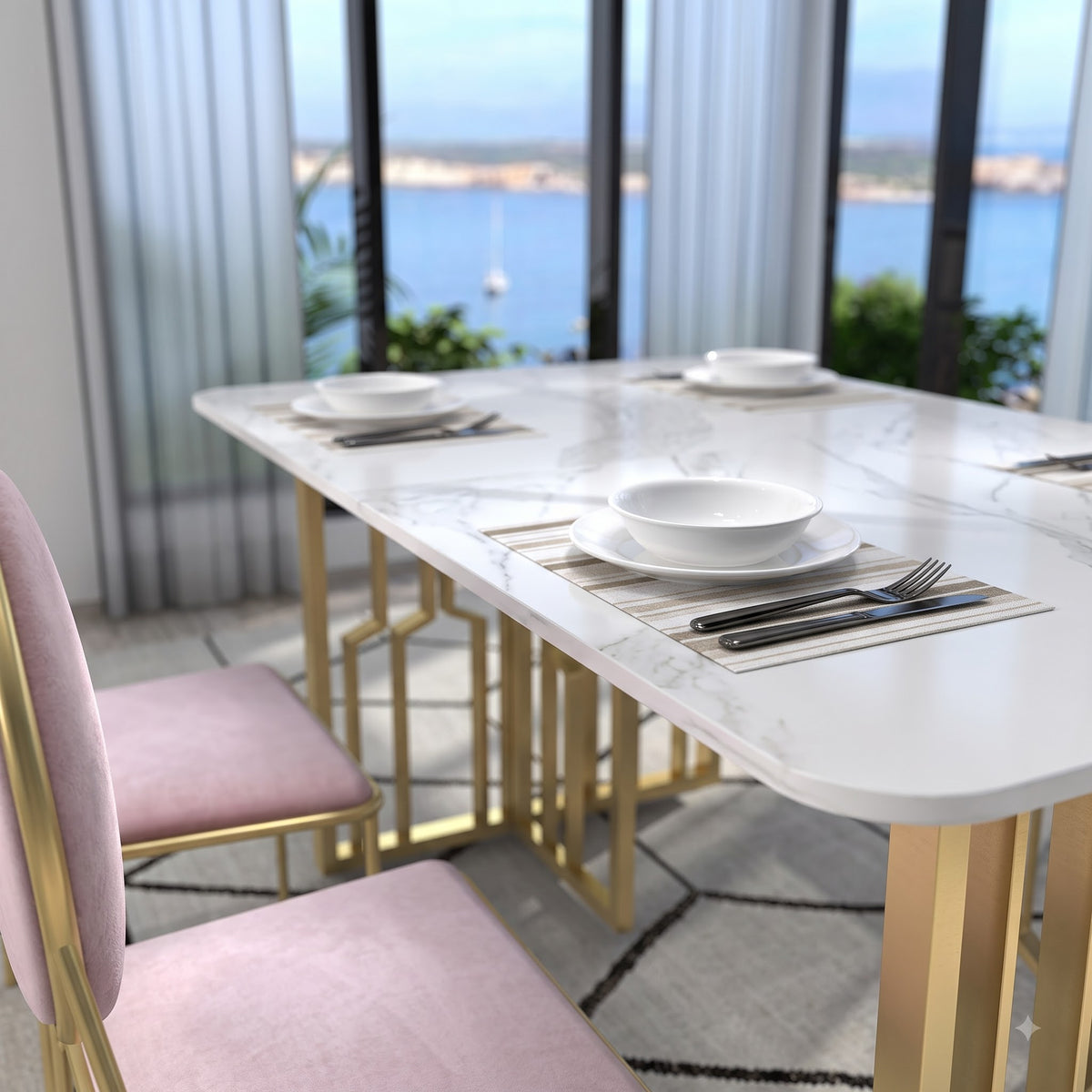 Luxury White Marble Dining Table Set with Gold Geometric Base and Pink Upholstered Chairs