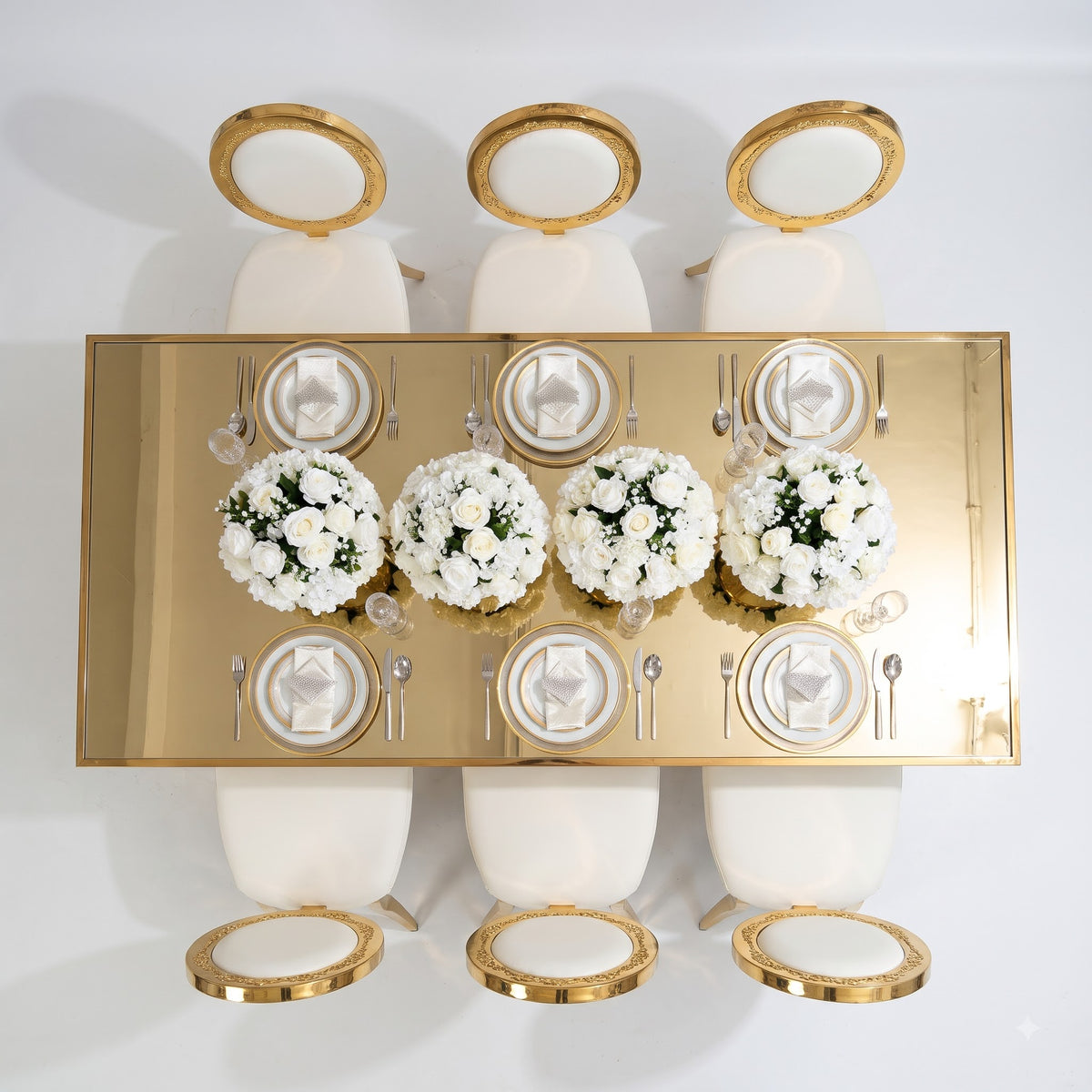 Luxury Gold and White Dining Table Set with Elegant Oval Back Chairs, Mirrored Glass Tabletop, Ornate Metallic Base, and Beautiful White Rose Centerpiece for Modern Royal Dining Room Interior Decor