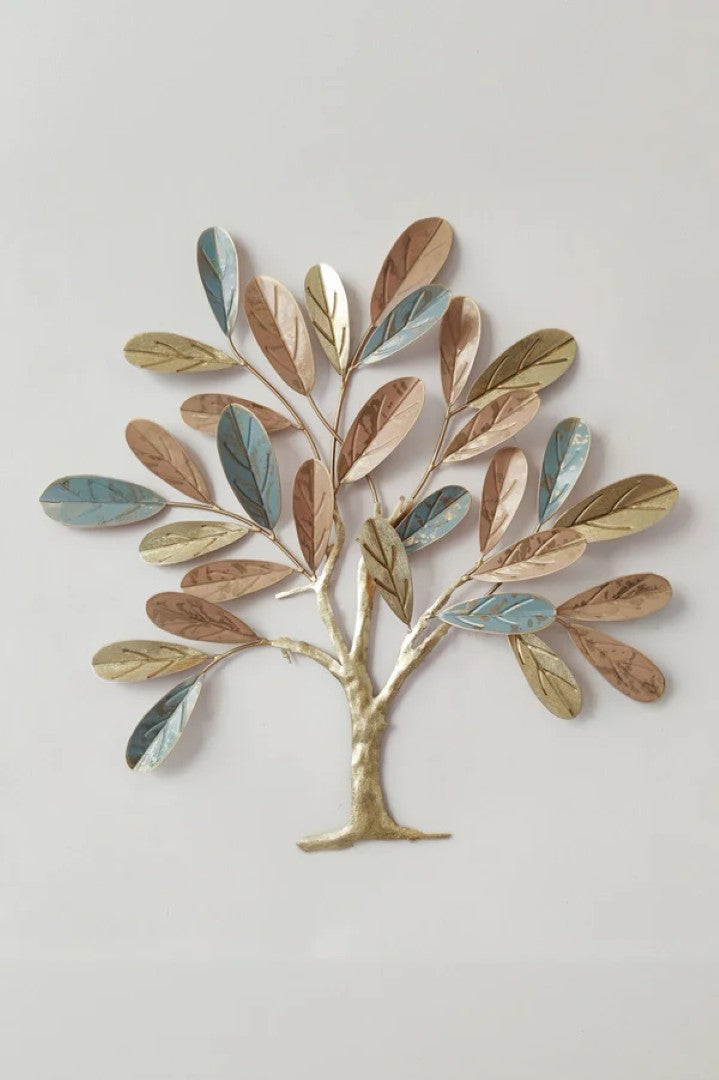 Elegant Tree Metal Wall Art – Gold, Copper & Blue Leaf Design - gold-finished metal wall art for living room wall - view 3 | Kraft Vision