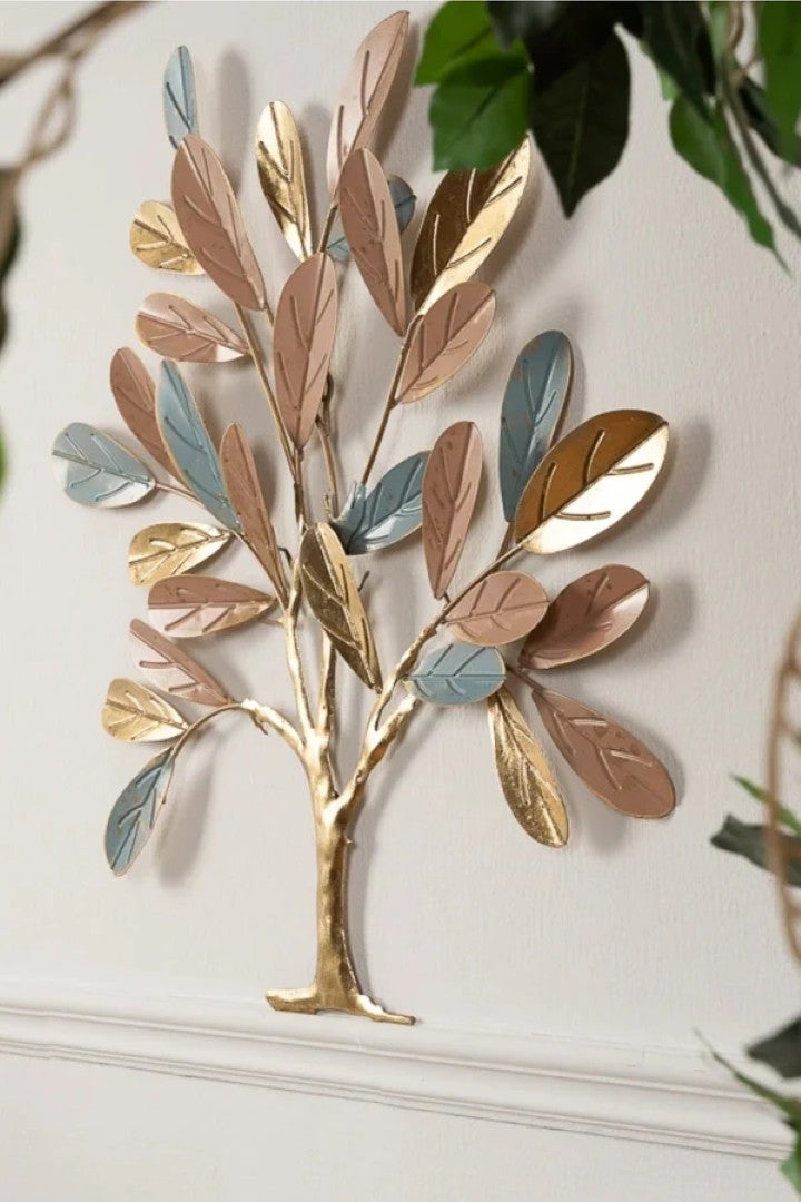 Elegant Tree Metal Wall Art – Gold, Copper & Blue Leaf Design - gold-finished metal wall art for living room wall - view 4 | Kraft Vision
