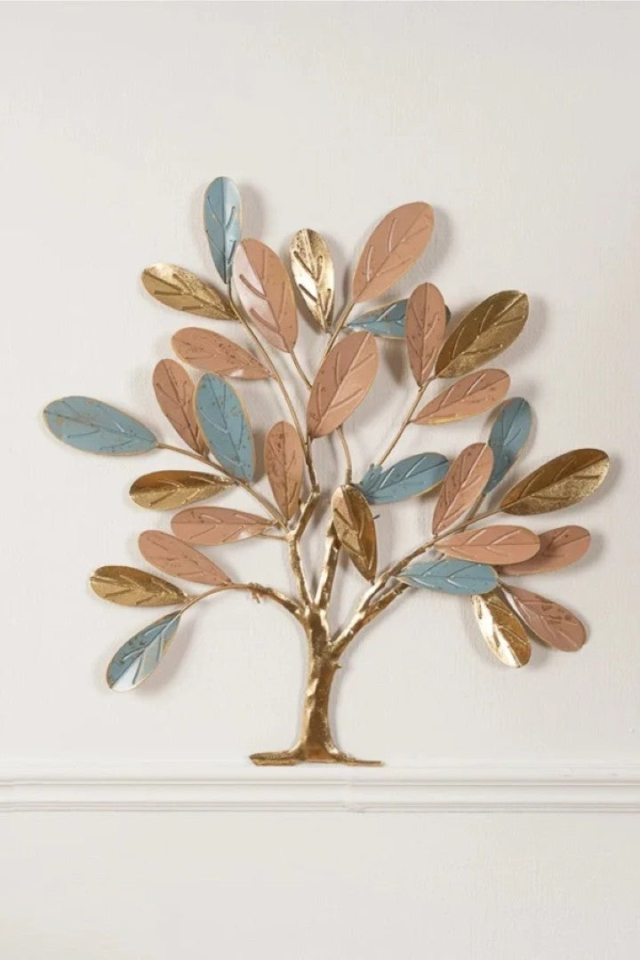 Elegant Tree Metal Wall Art – Gold, Copper & Blue Leaf Design - gold-finished metal wall art for living room wall - view 5 | Kraft Vision