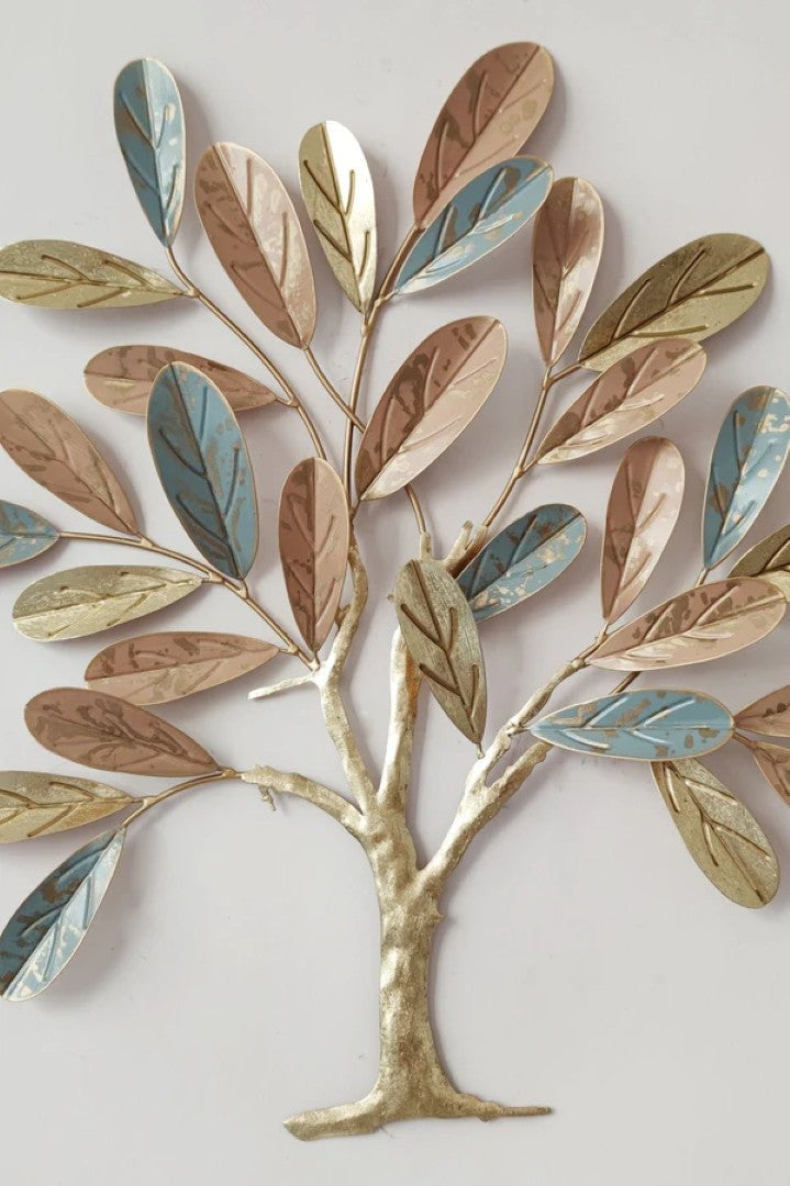 Elegant Tree Metal Wall Art – Gold, Copper & Blue Leaf Design - gold-finished metal wall art for living room wall - view 2 | Kraft Vision