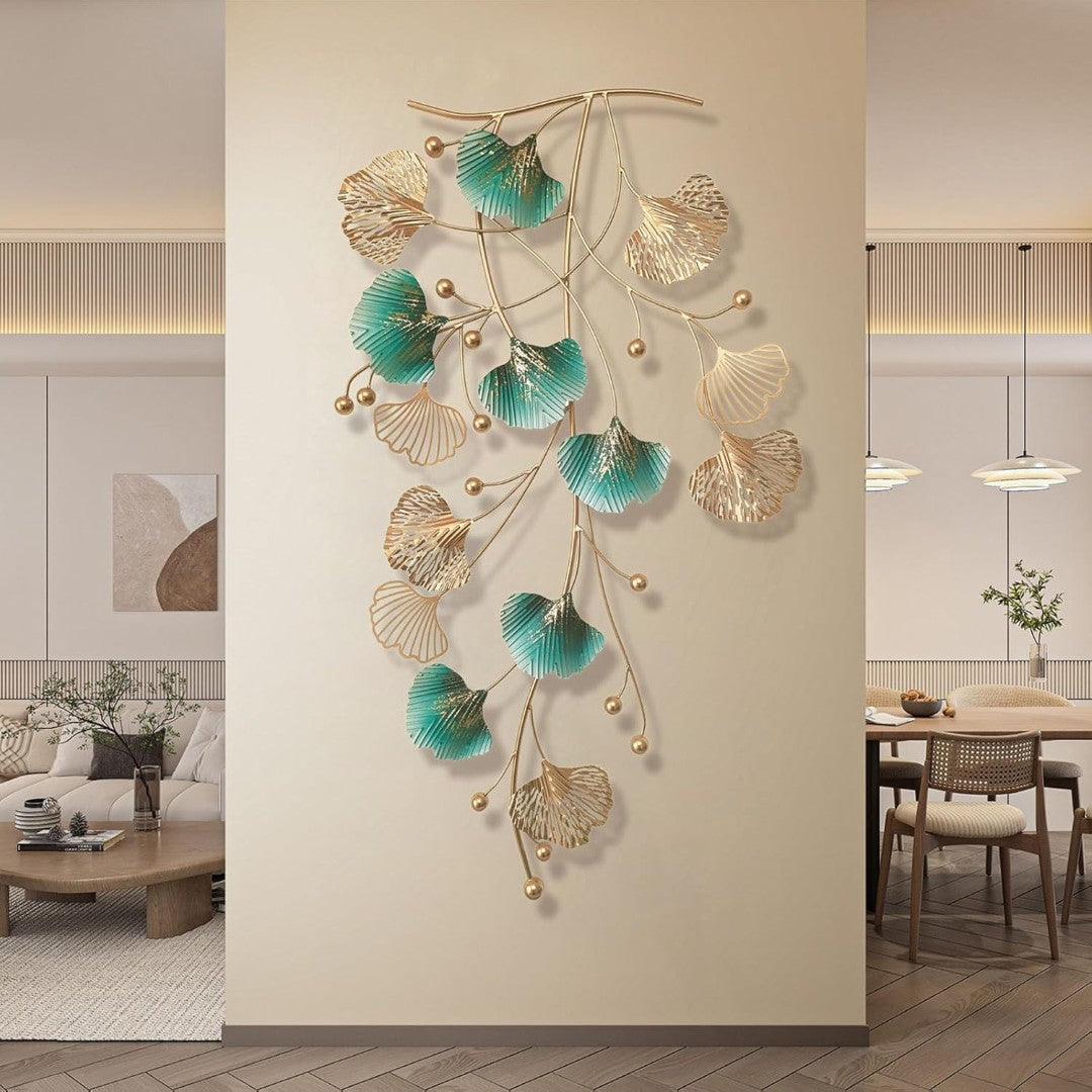 Ginkgo Leaf Metal Wall Art – Green & Gold Hanging Décor - gold-finished metal wall art for living room wall - view 3 | Kraft Vision