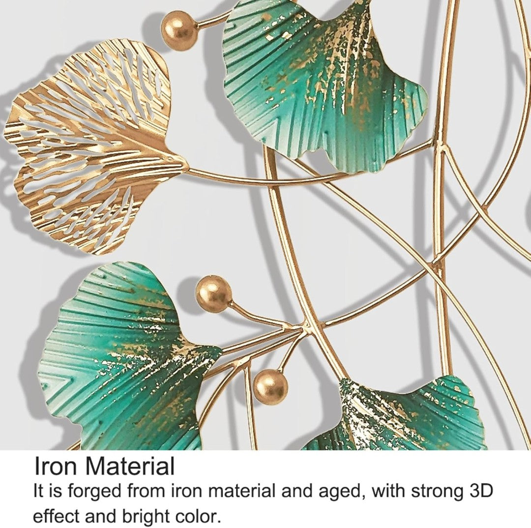 Ginkgo Leaf Metal Wall Art – Green & Gold Hanging Décor - gold-finished metal wall art for living room wall - view 5 | Kraft Vision