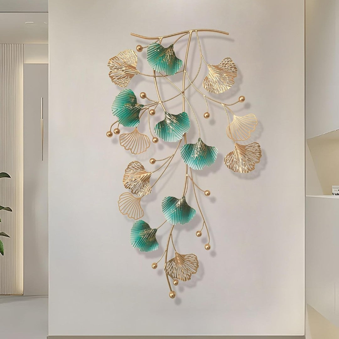 Ginkgo Leaf Metal Wall Art – Green & Gold Hanging Décor - gold-finished metal wall art for living room wall - view 7 | Kraft Vision