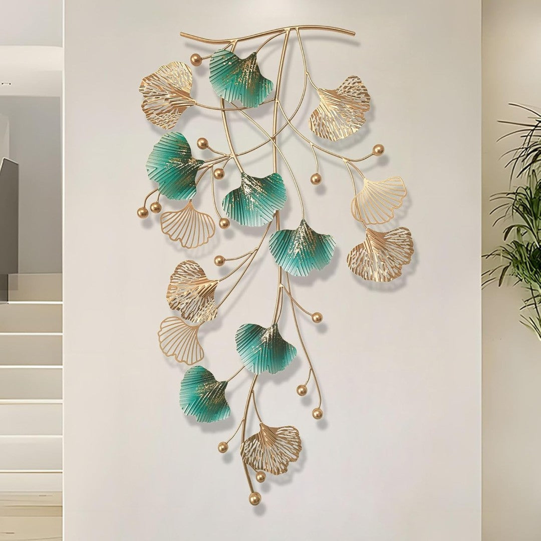 Ginkgo Leaf Metal Wall Art – Green & Gold Hanging Décor - gold-finished metal wall art for living room wall - view 8 | Kraft Vision