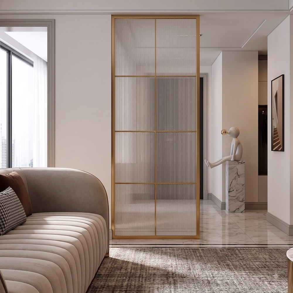Modern Luxury Gold Frame Fluted Glass Partition – Tall Ribbed Glass Room Divider for Elegant Contemporary Interiors