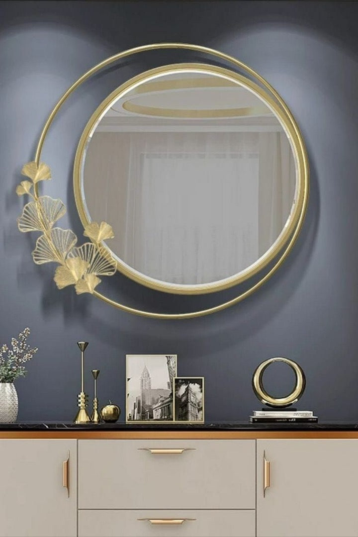 Elegant Gold Framed Circular Mirror with Ginkgo Leaf Design - gold-finished metal furniture for entryway or bedroom - view 2 | Kraft Vision