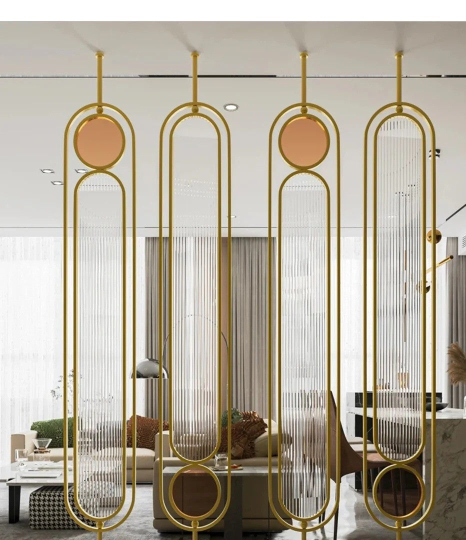 Luxury Art-Deco Partition – Gold Frame with Ribbed Glass & Circular Accents - gold-finished metal Room Divider for living room - view 2 | Kraft Vision