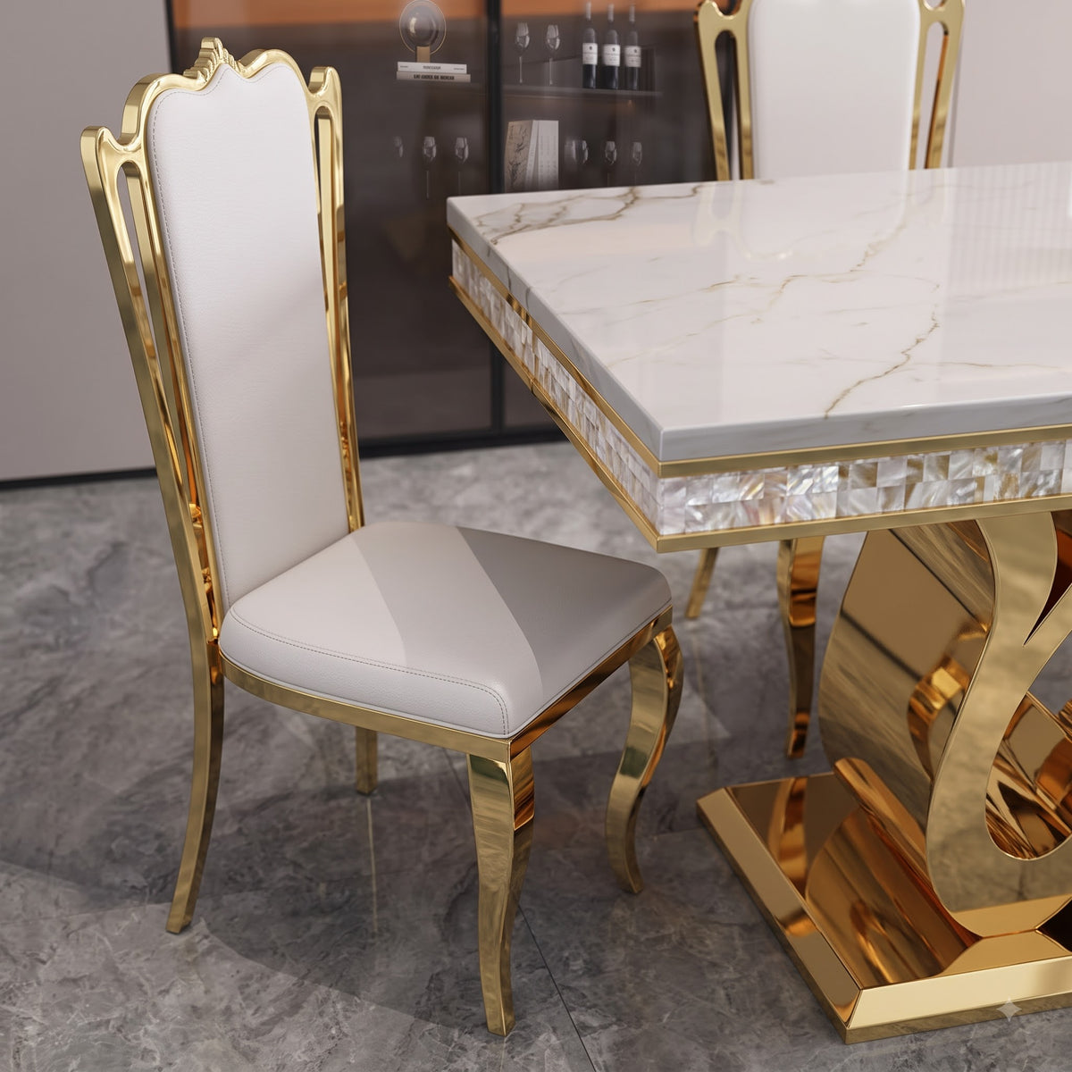 Luxury White Marble Dining Table with Sculptural Gold Metal Base and Matching Chairs