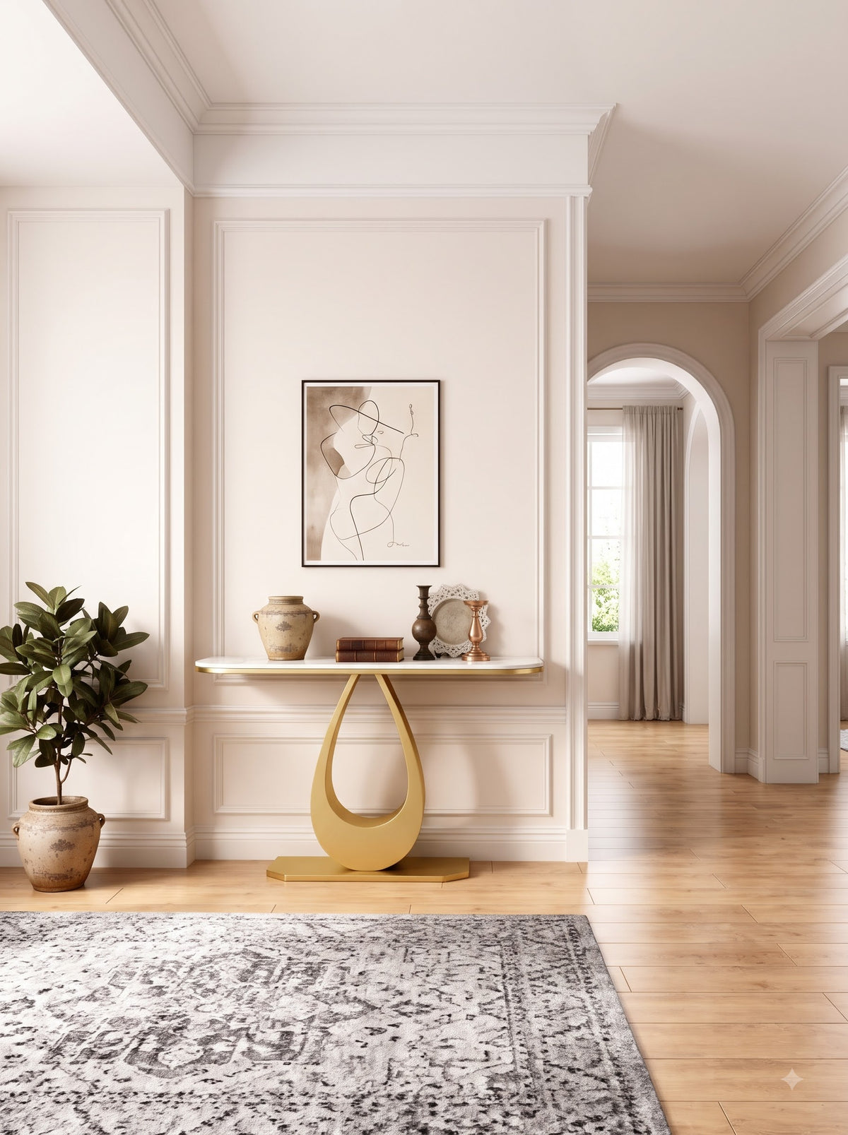 Luxury Gold Console Table with White Marble-Look Top and Sculptural Teardrop Pedestal Base – Modern Designer Entryway Table for Living Room, Hallway, Foyer and Elegant Home Decor