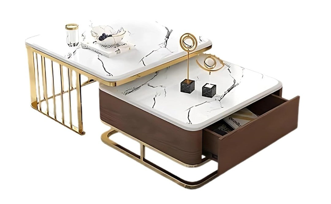Luxury White Marble Coffee Table Set with Wooden Base, Golden Frame & Storage Drawer - marble center table for living room - view 2 | Kraft Vision