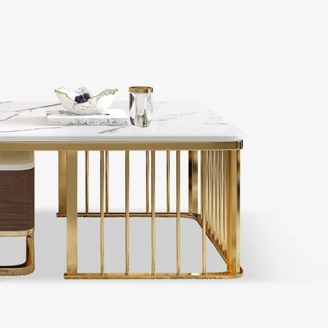 Luxury White Marble Coffee Table Set with Wooden Base, Golden Frame & Storage Drawer - marble center table for living room - view 4 | Kraft Vision