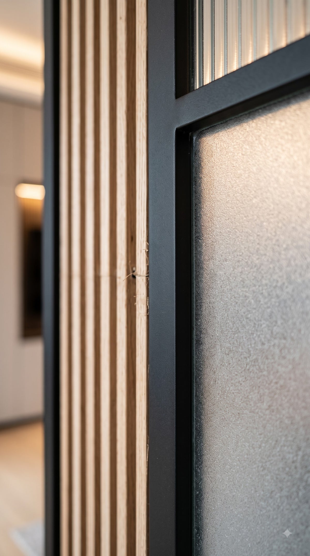 Modern Black Frame Wooden Slat Room Divider with Frosted Glass Panels – Luxury Geometric Interior Partition