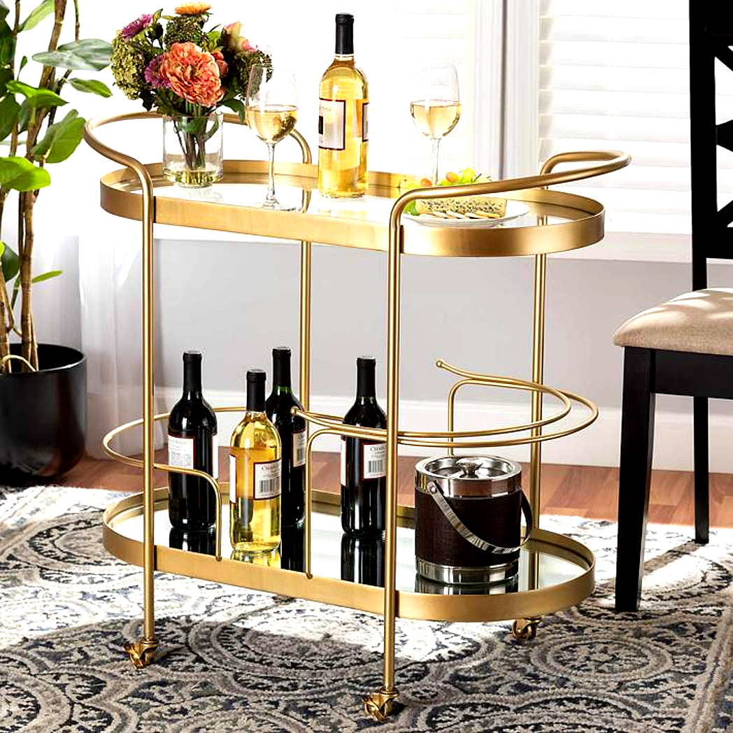 Vintage-Inspired Gold Bar Cart with Dual Shelves & Wine Holder - gold-finished metal bar Trolley for living room bar - view 2 | Kraft Vision
