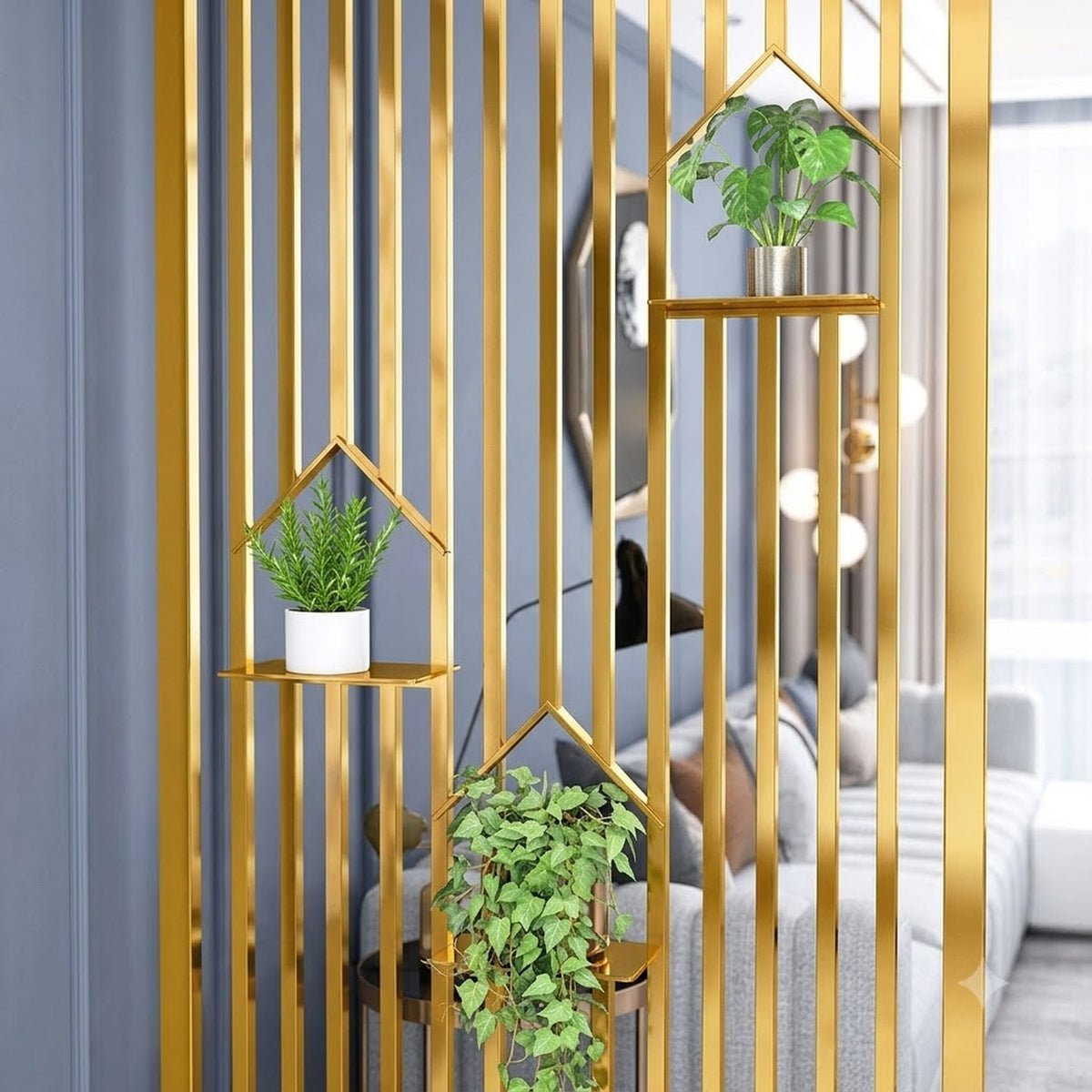 Luxury Golden Metal Room Divider with Decorative Plant Shelves – Modern Vertical Slat Partition for Living Room