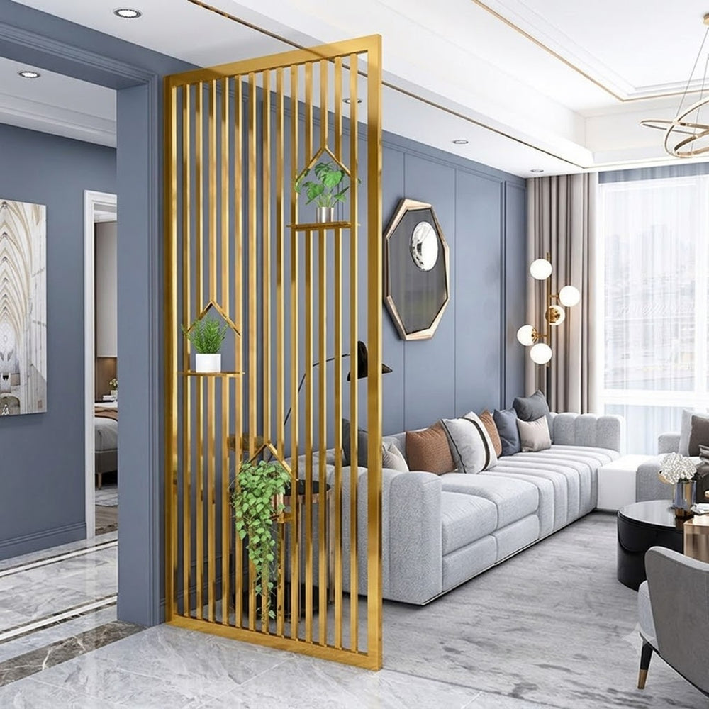 Luxury Golden Metal Room Divider with Decorative Plant Shelves – Modern Vertical Slat Partition for Living Room