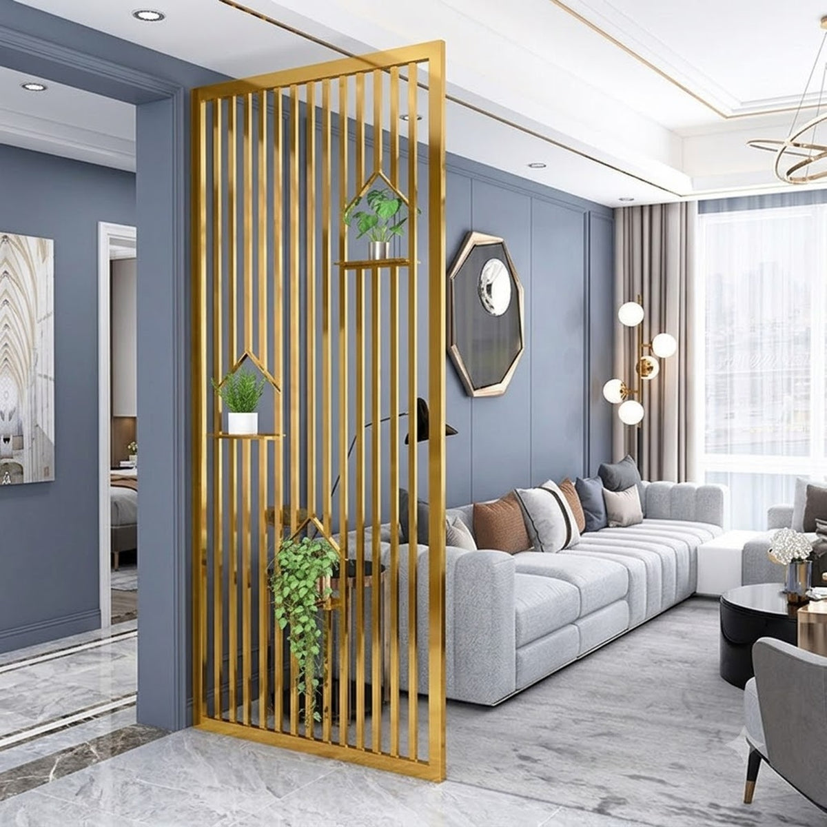 Luxury Golden Metal Room Divider with Decorative Plant Shelves – Modern Vertical Slat Partition for Living Room