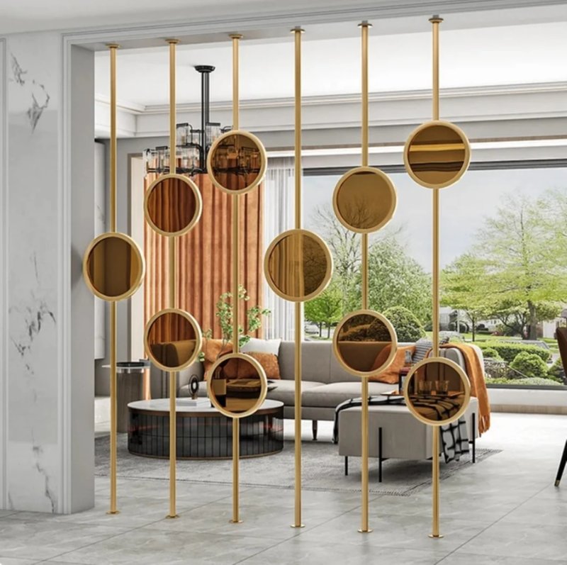 Luxury Gold Frame Circular Mirror Partition – Art Deco Style - gold-finished metal Room Divider for entryway or bedroom - view 3 | Kraft Vision