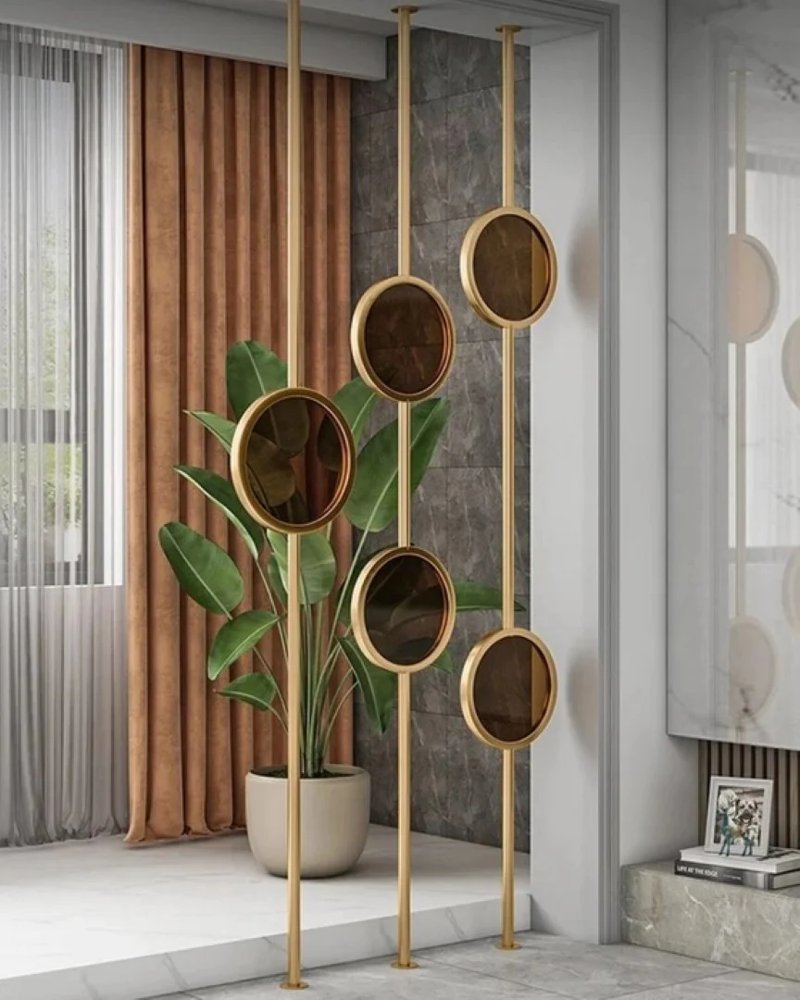 Luxury Gold Frame Circular Mirror Partition – Art Deco Style - gold-finished metal Room Divider for entryway or bedroom - view 2 | Kraft Vision