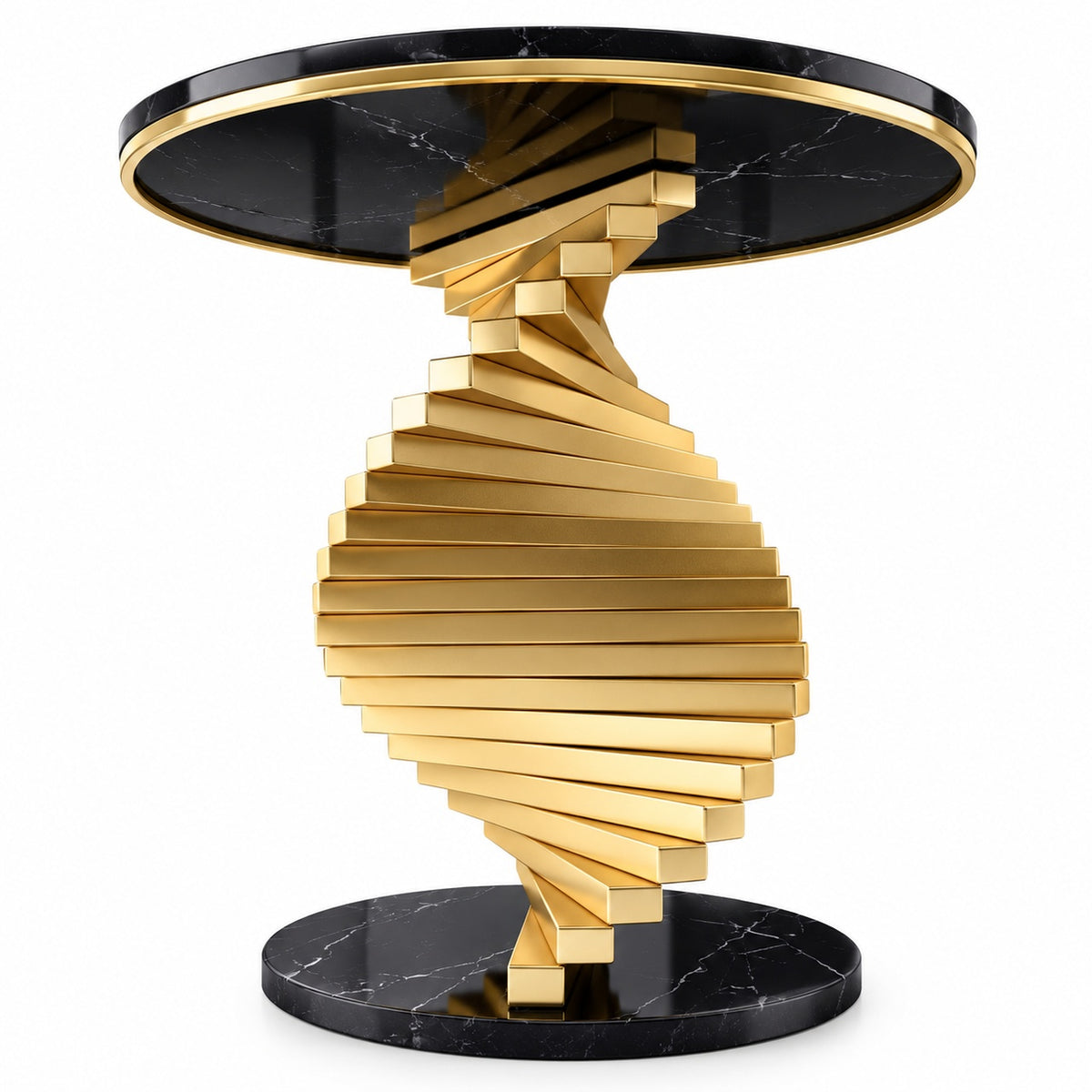 Luxury Black Marble & Gold Twisted Pedestal Side Table – Modern Designer Accent Table