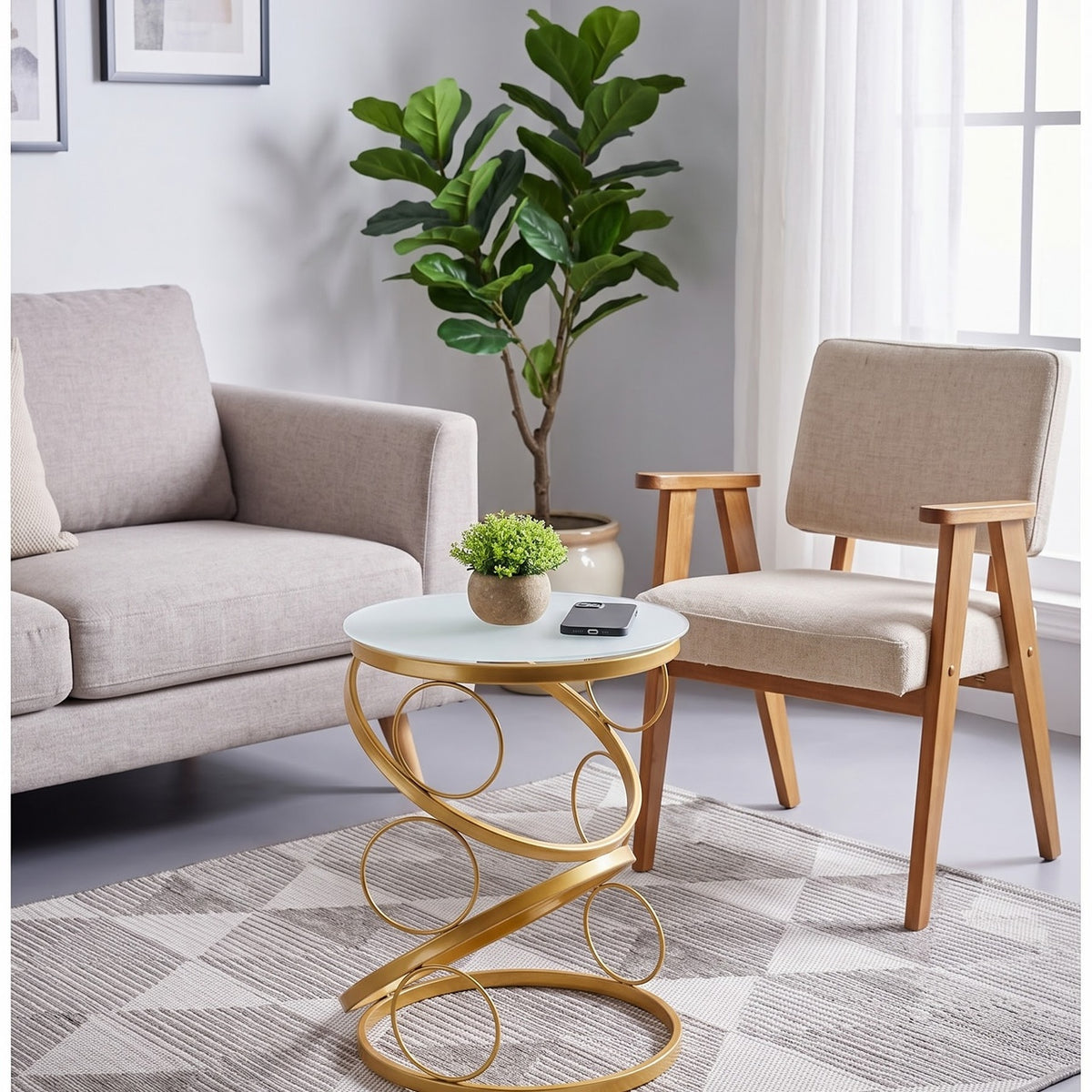 Luxury Golden Spiral Side Table with Round Glass Top – Modern Sculptural Accent Table