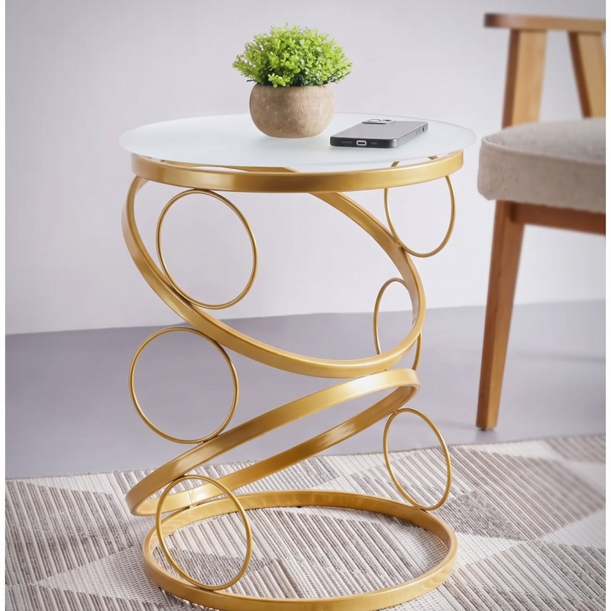 Luxury Golden Spiral Side Table with Round Glass Top – Modern Sculptural Accent Table
