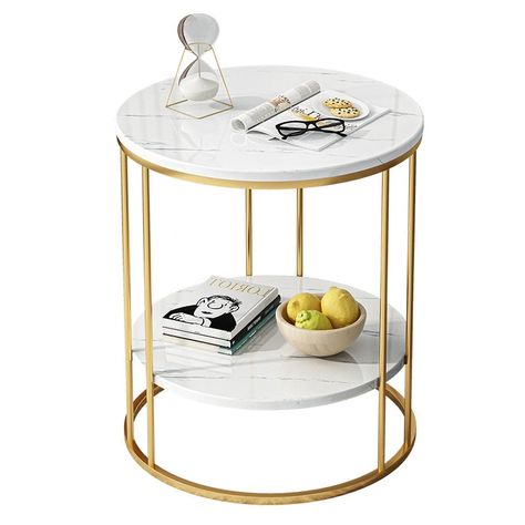 METAL PLATED SIDE TABLE WITH DOUBLE MARBLE TOP