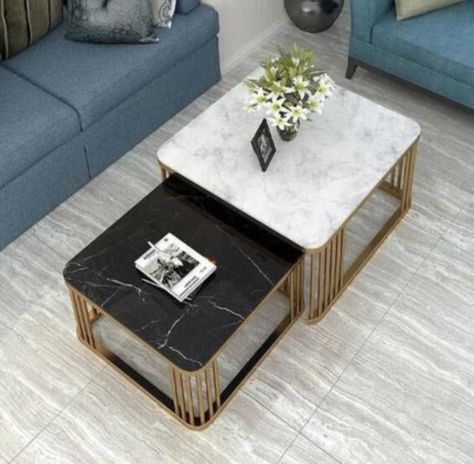 SET OF 2 SQUARE CENTRE TABLE WITH BLACK AND WHITE MARBLE TOP
