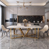 Luxury White Marble Dining Table with Gold Metal Base & Upholstered Chairs