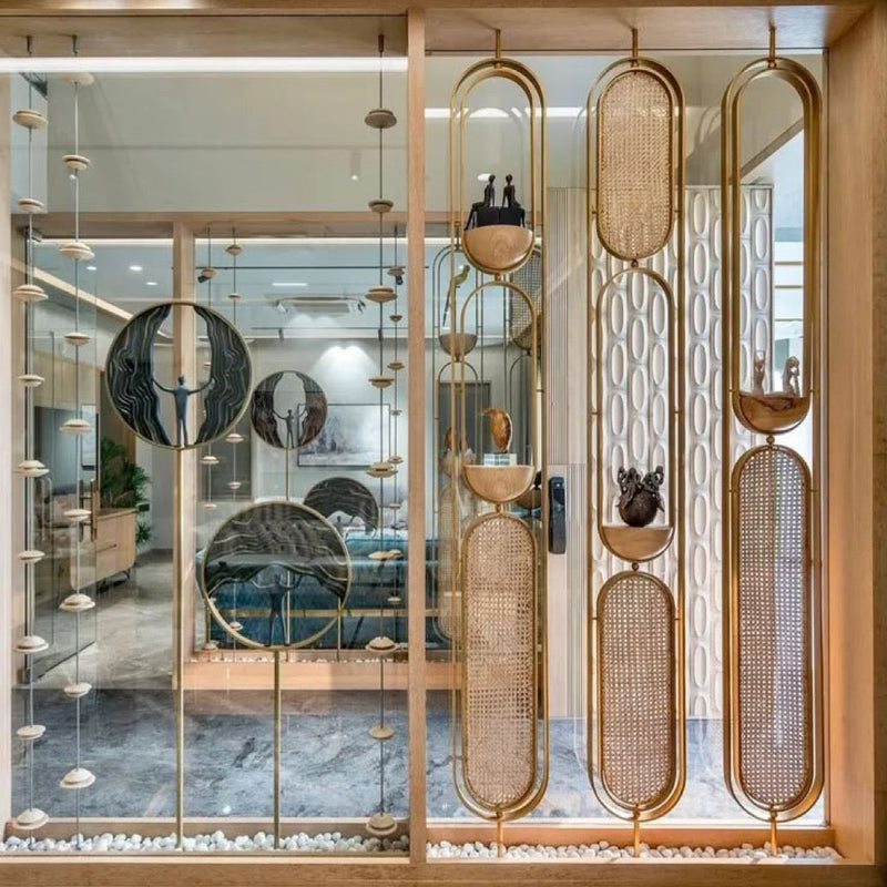Stylish Gold & Wood Partition with Decorative Elements - gold-finished metal furniture for living room | Kraft Vision