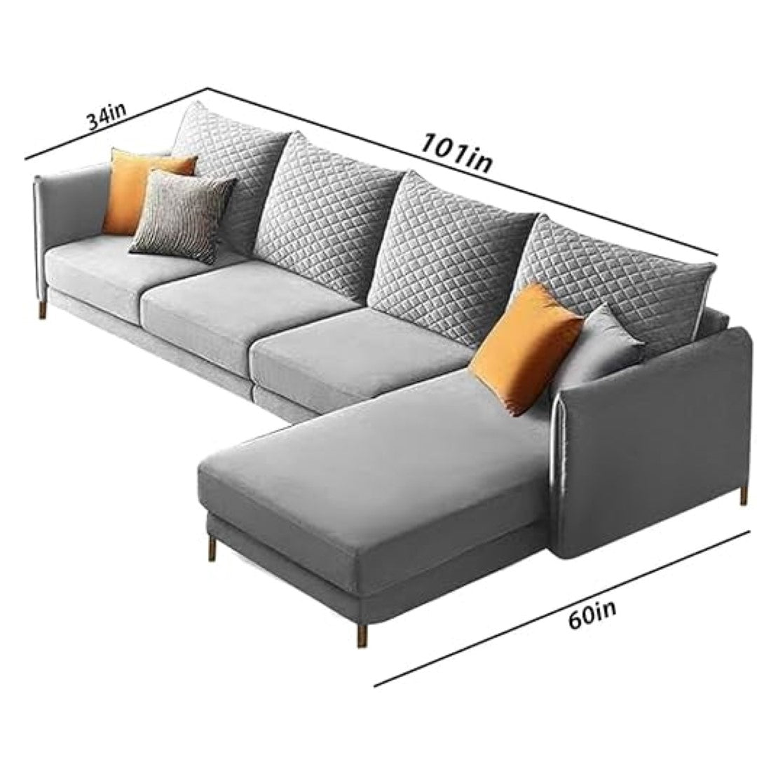 Grey velvet l shape sofa with high density foam base