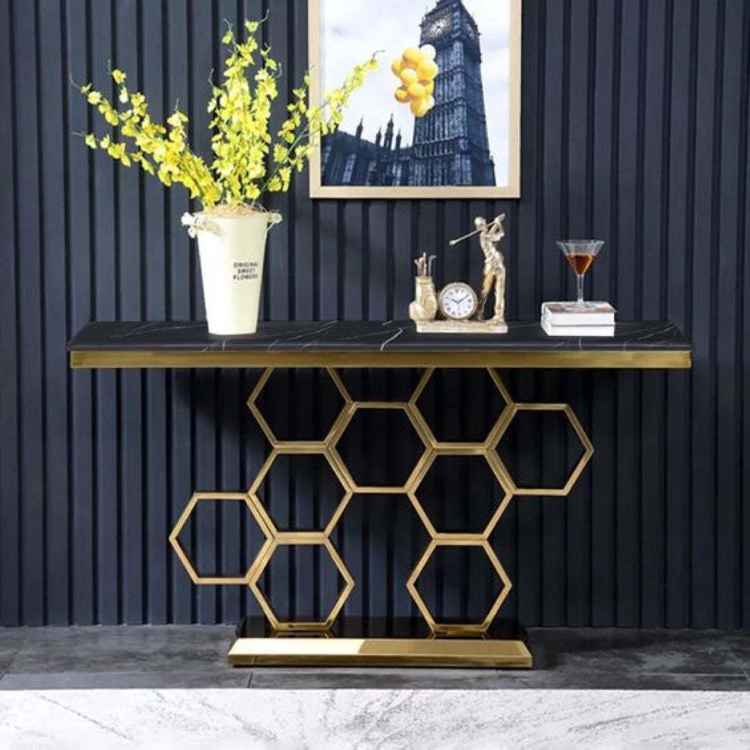 HEXAGON FOYER TABLE WITH BRUSH GOLD PVD