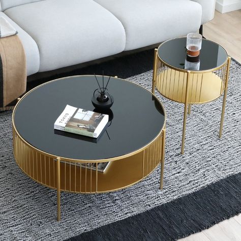 Round Cage Centre Table With Black Glass Top