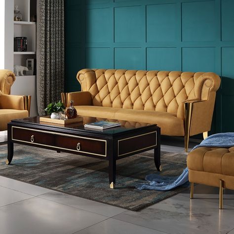 Luxury Golden Brown Sofa With Gold Plated Arms