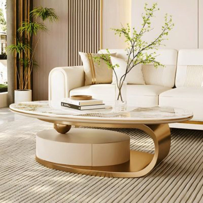 Elegant Oval Marble-Top Coffee Table with Golden Accents - marble furniture for living room | Kraft Vision