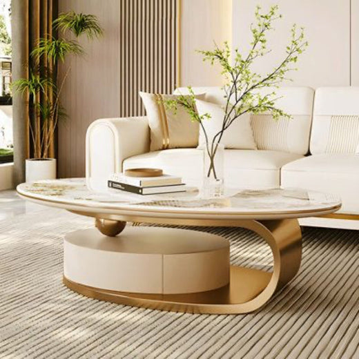 Elegant Oval Marble-Top Coffee Table with Golden Accents - marble furniture for living room | Kraft Vision