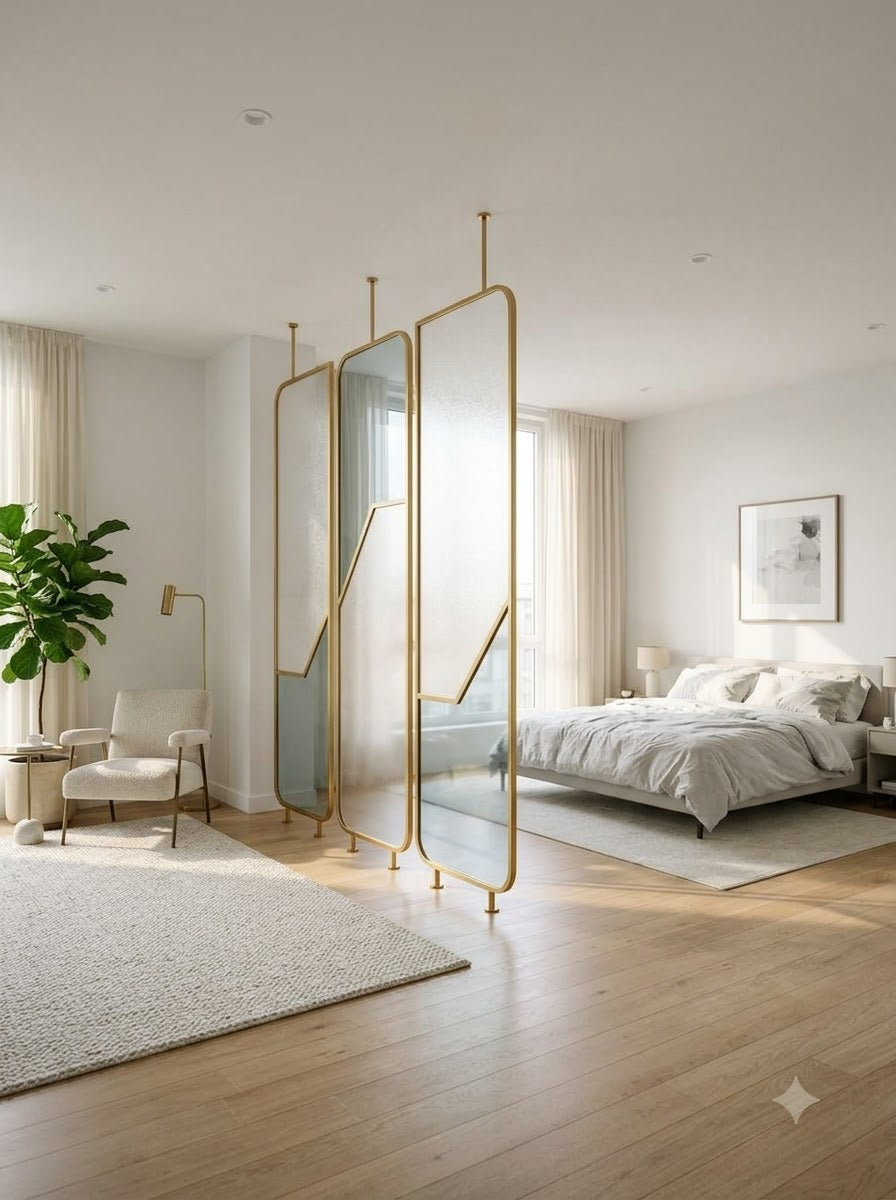 Luxury Gold Frame Glass Room Divider – Modern Minimalist Decorative Partition Screen