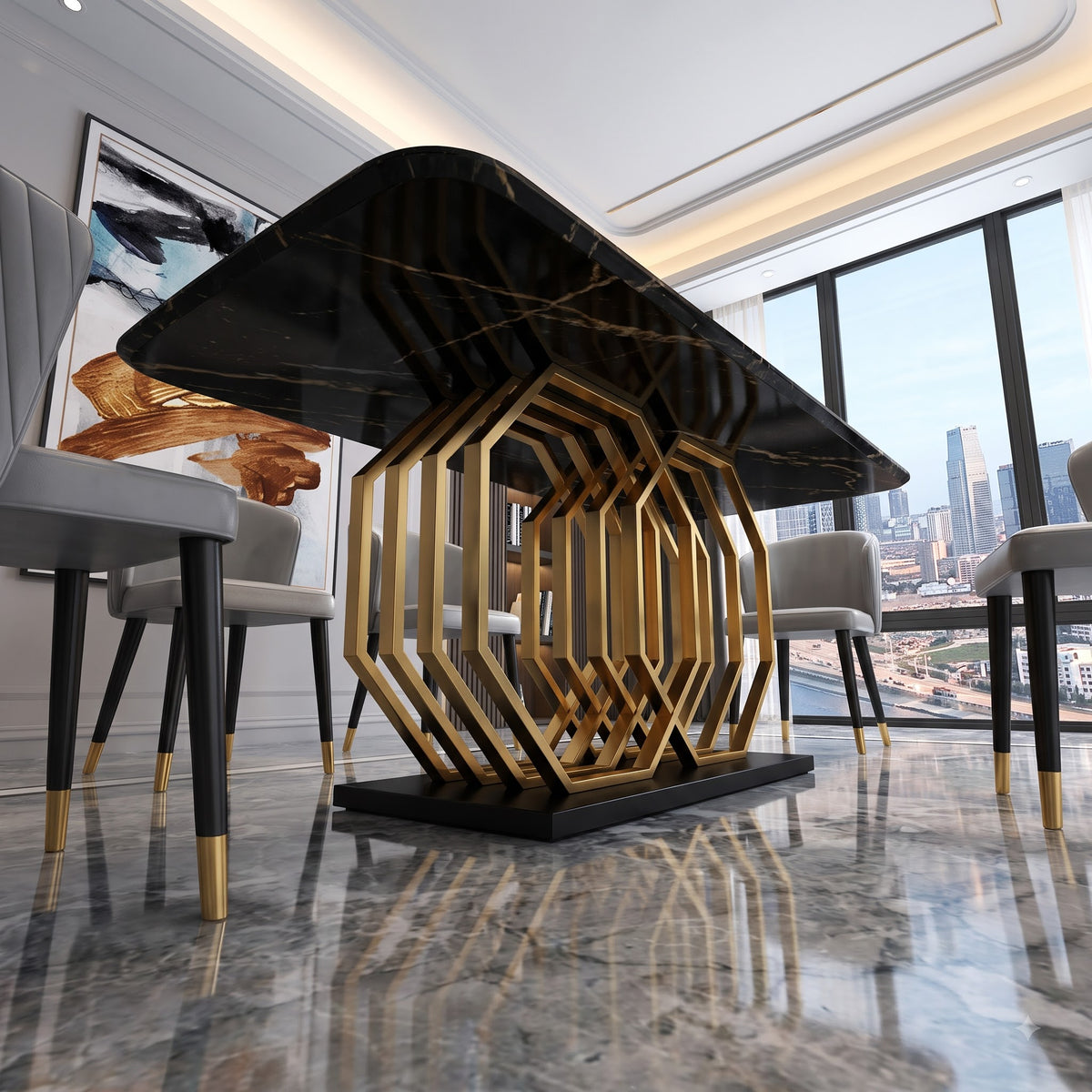 Premium Black Marble Dining Table Set with Geometric Gold Base and Modern Grey Chairs