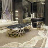 Luxury Black Marble Coffee Table with Golden Geometric Metal Base - marble center table for living room - view 1 | Kraft Vision