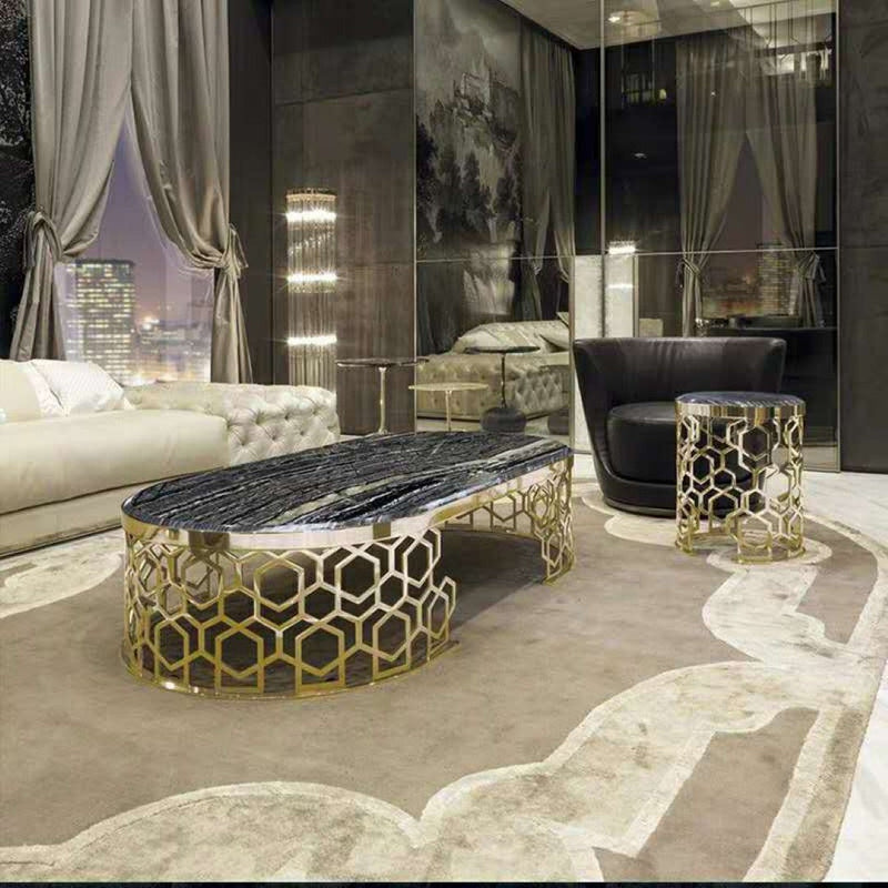 Luxury Black Marble Coffee Table with Golden Geometric Metal Base - marble center table for living room - view 1 | Kraft Vision