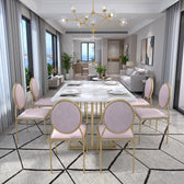 Luxury White Marble Dining Table Set with Gold Geometric Base and Pink Upholstered Chairs