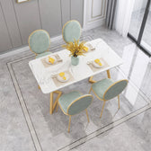 Luxury White Marble Dining Table with Gold Geometric Legs and Sage Green Chairs