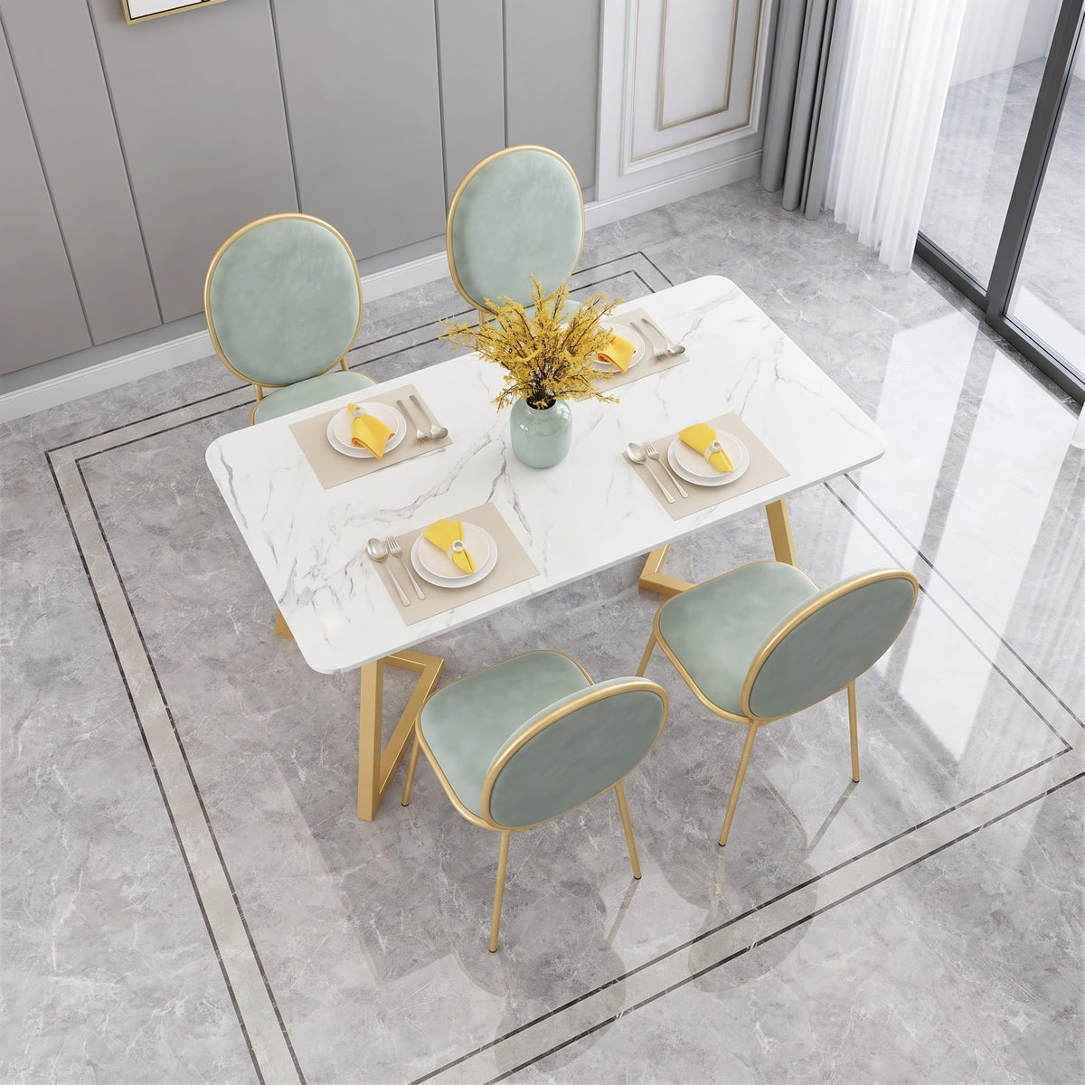 Luxury White Marble Dining Table with Gold Geometric Legs and Sage Green Chairs