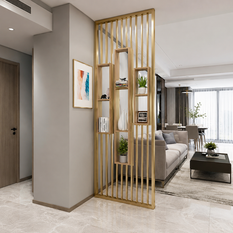 Luxury Wooden Slat Partition Shelf Divider - solid wood Room Divider for living room - view 1 | Kraft Vision