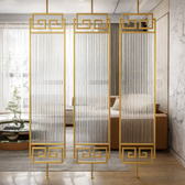 Luxury Golden Frame Geometric Room Divider with Ribbed Glass & Mirror Accents - gold-finished metal Room Divider for entryway or bedroom - view 1 | Kraft Vision