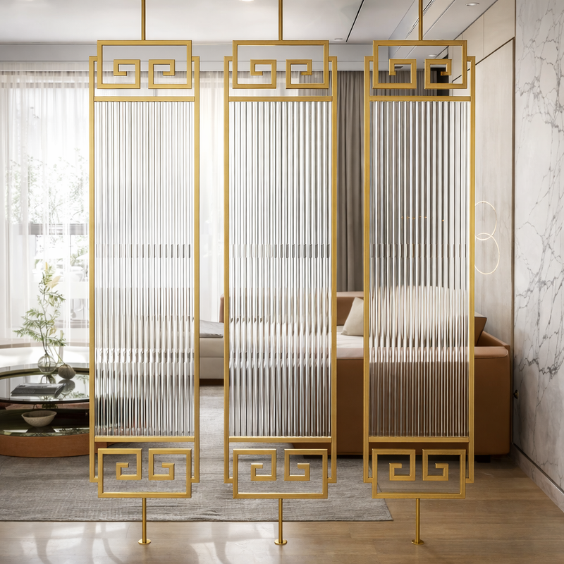 Luxury Golden Frame Geometric Room Divider with Ribbed Glass & Mirror Accents - gold-finished metal Room Divider for entryway or bedroom - view 1 | Kraft Vision