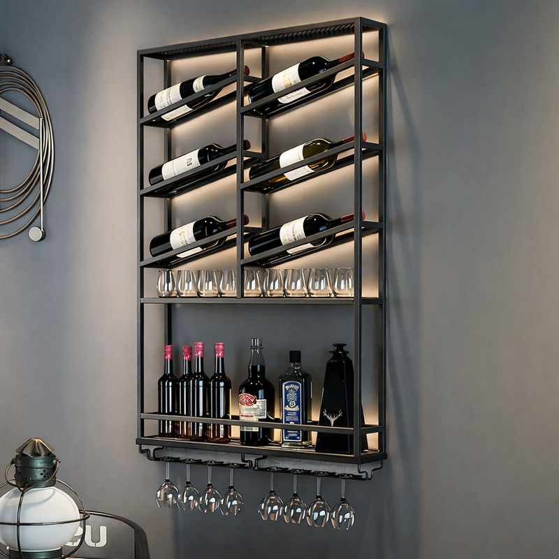 Modern Industrial Wall-Mounted Wine Rack & Bar Shelf (Black Metal) - metal furniture for modern Indian home - view 1 | Kraft Vision